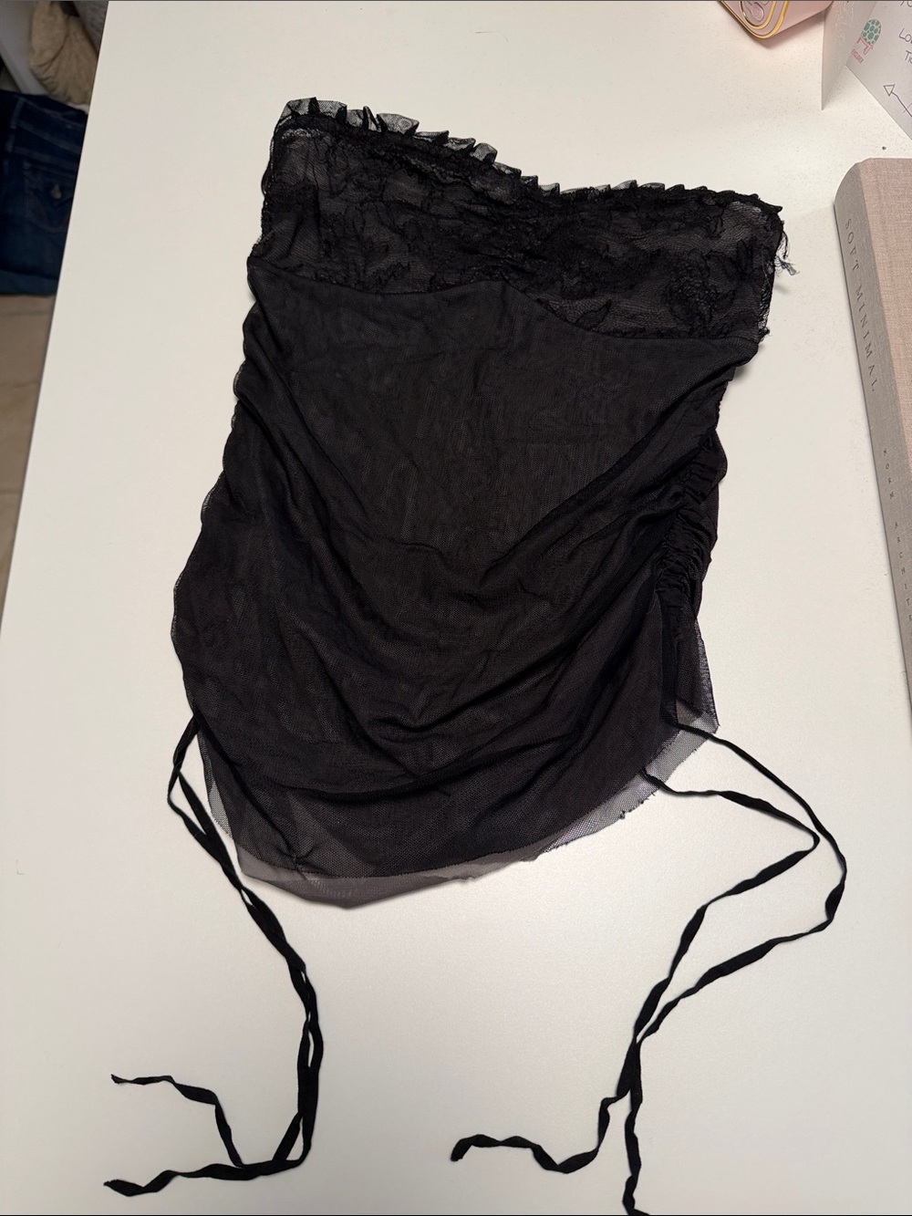 Vera wang Black Lace Trim Mesh Tube Top with Side Ruching